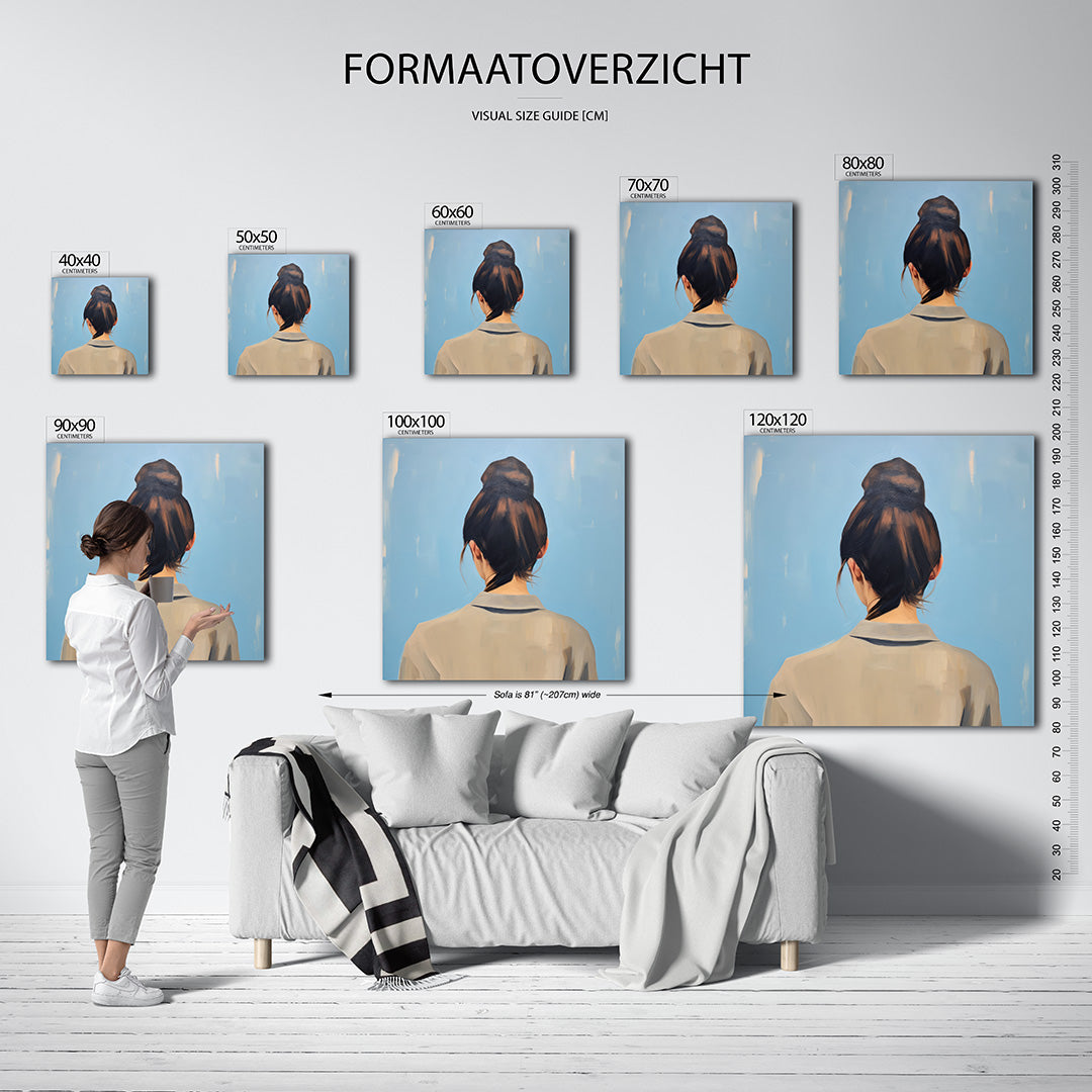 Vrouwelijke rugaanzicht kunstwerk – sfeerbeeld – dit kunstwerk toont een vrouw van achteren met een opgestoken kapsel tegen