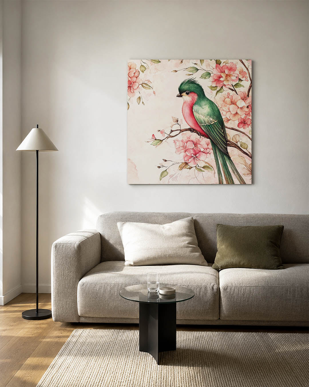 Vogel en bloemen kunstwerk – detailweergave – dit werk toont een kleurrijke vogel zittend op een tak, omringd door delicate