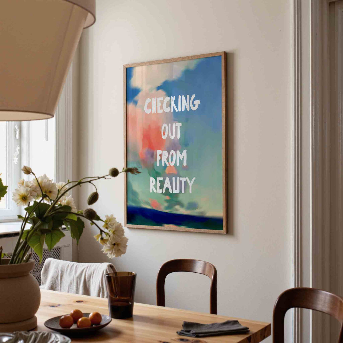 Checking out from reality – eigentijdse illustratie poster in staand formaat