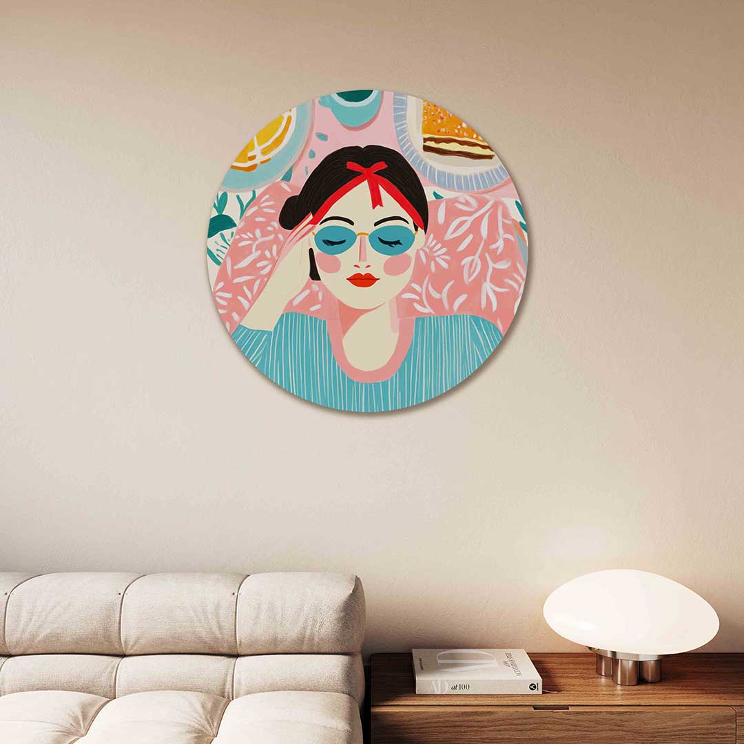 Vrouw met zonnebril – moderne abstracte muurcirkel voor aan de muur