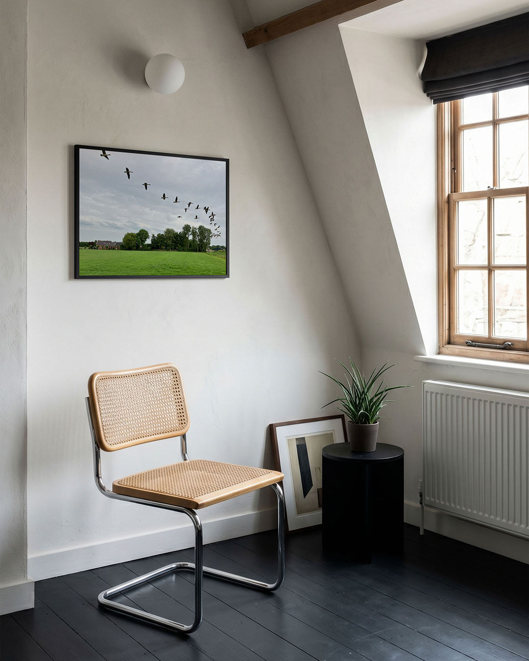 Vliegende vogels poster – tweede productweergave – een groep vogels vliegt in formatie over een uitgestrekt groen veld met