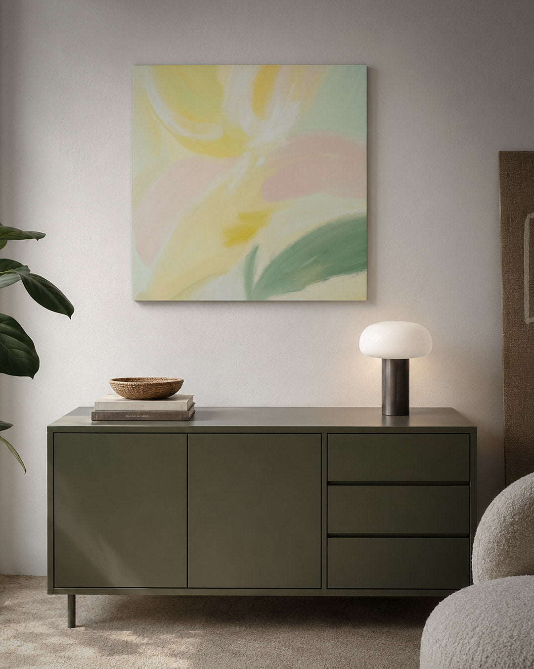 Zachte kleurvlakken kunstwerk – detailweergave – dit kunstwerk toont vloeiende vormen in zachte tinten. De kleuren vloeien
