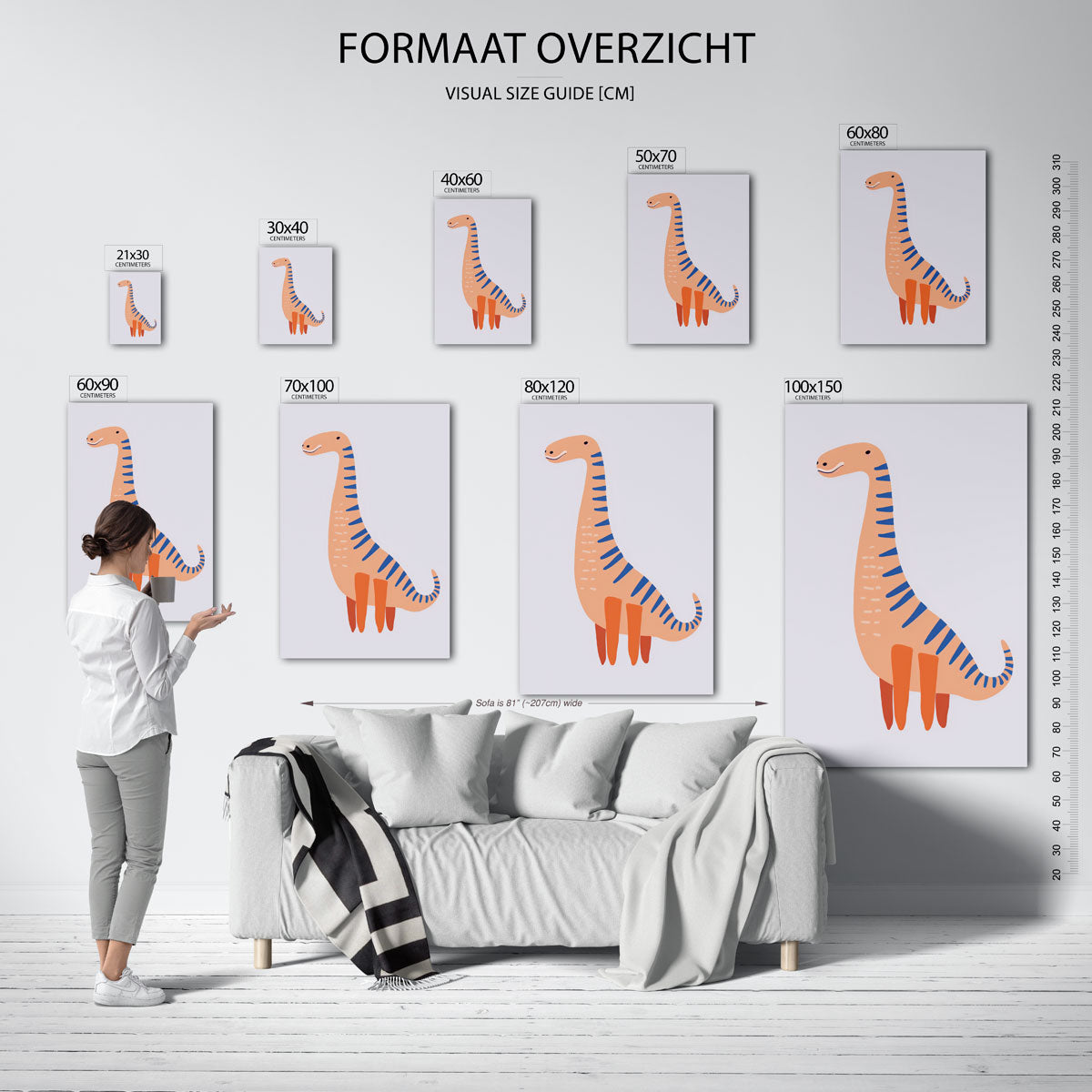 Dinosaurus met blauwe strepen – staande muurposter voor de kinderkamer