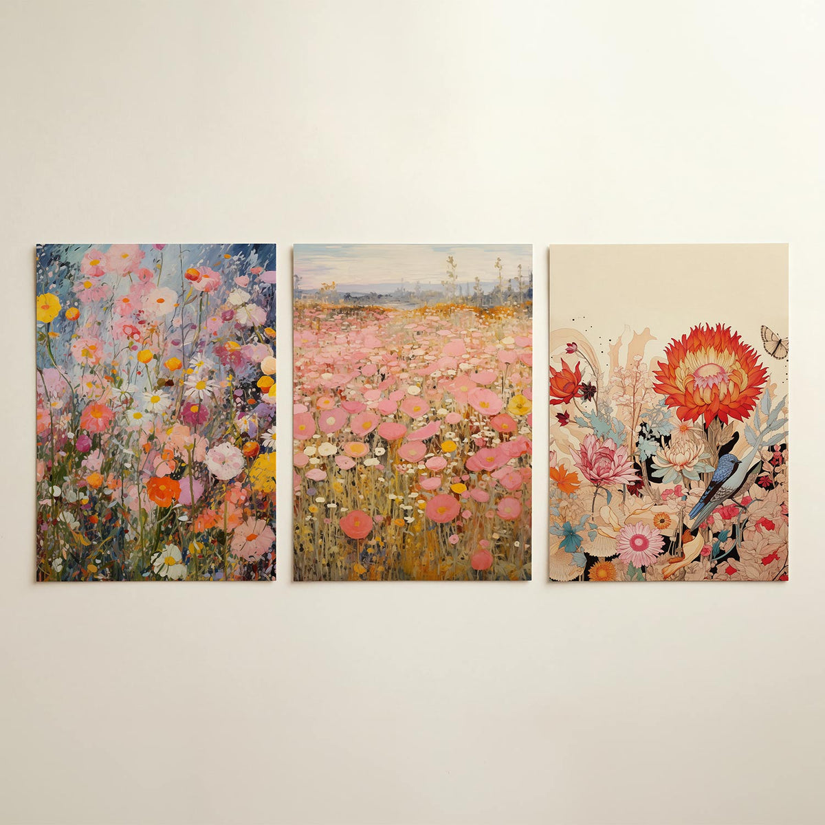 Bloemenexplosie posterset – detailweergave – deze kleurrijke bloemenzee toont een levendig spel van