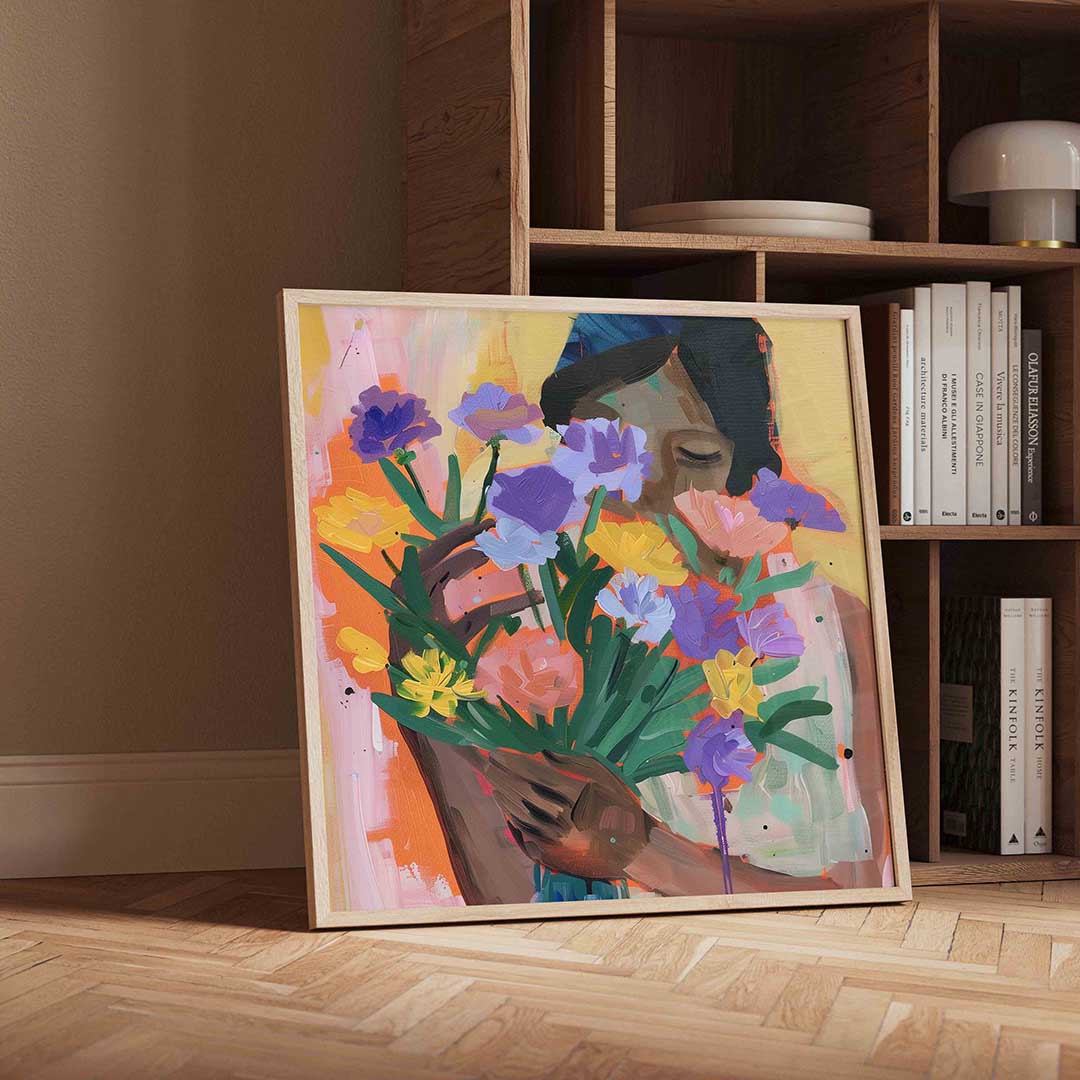Bloemen en vrouw – vierkante portret wanddecoratie van WallArtistic