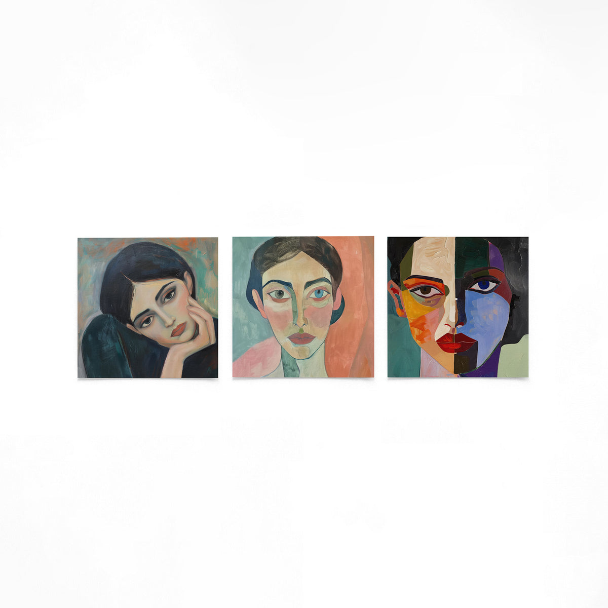 Drie vierkante posters met abstracte portretten op een gebroken witte achtergrond