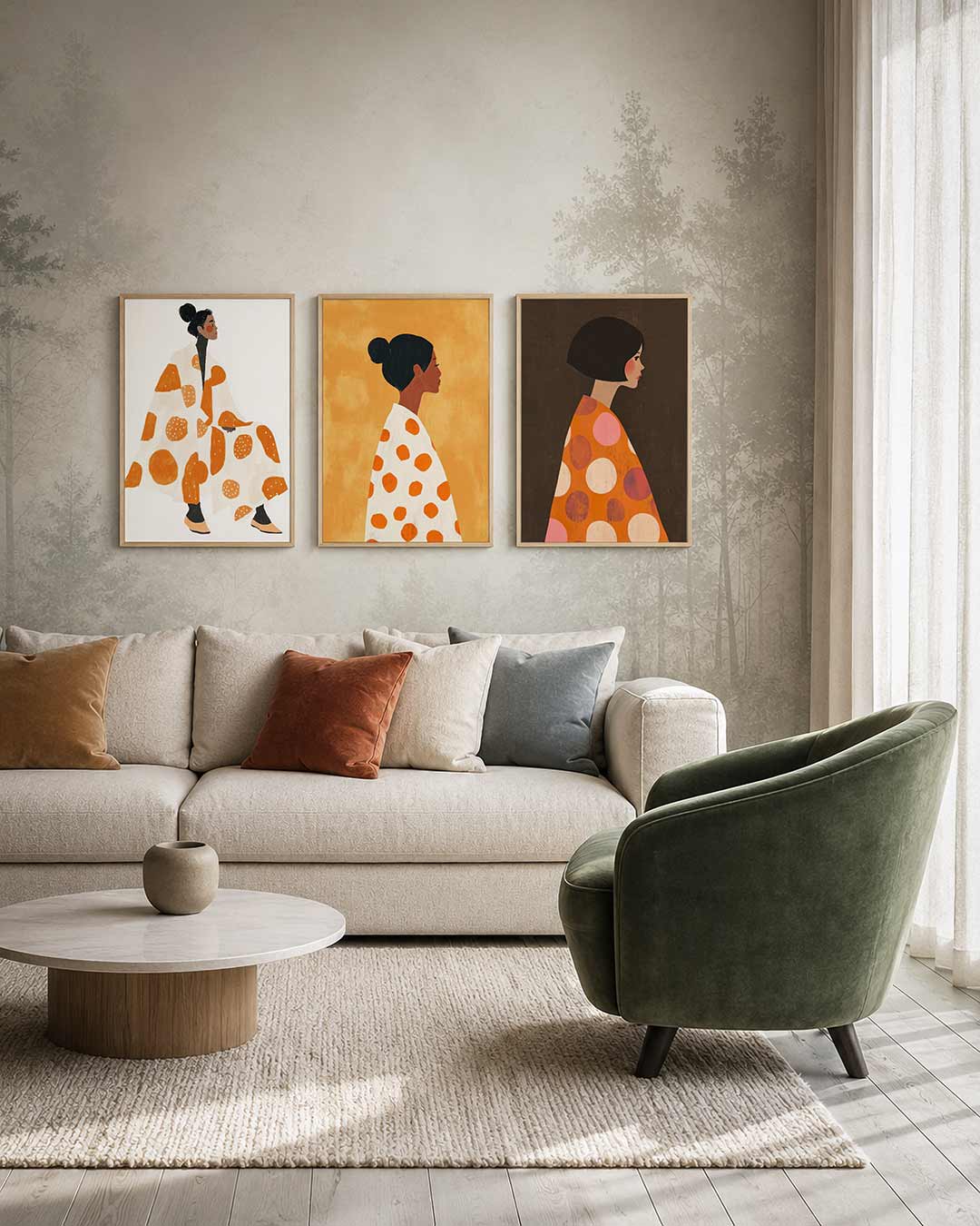 Vlekken en vormen driedelige posterset – een vrouw in een witte mantel met grote oranje stippen