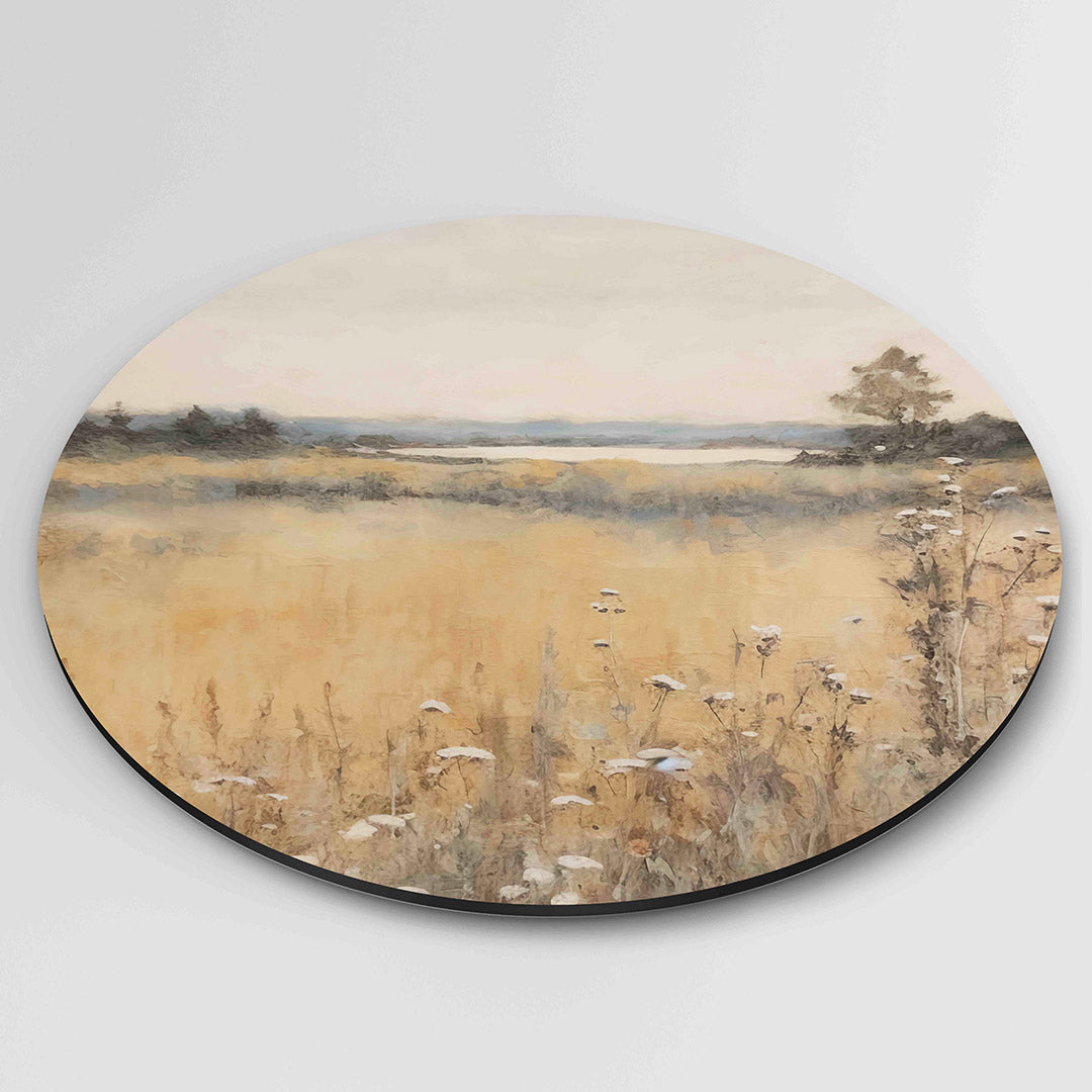 Landschap met bloemen – ronde wanddecoratie met abstract ontwerp