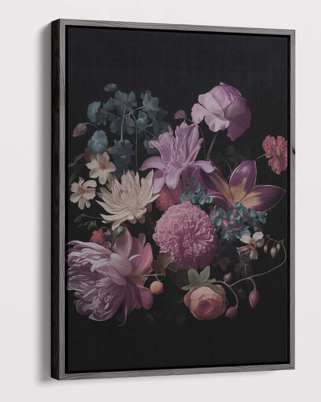 Bloemenexplosie in Donkere Zalen – canvas wanddecoratie in portret formaat