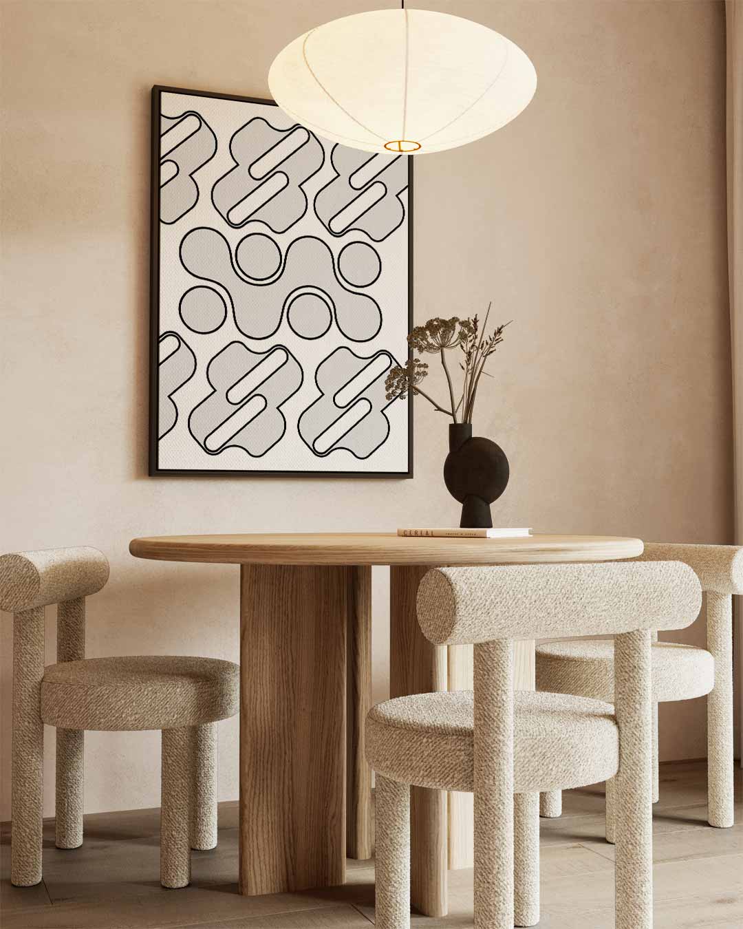 Geometrische Grijze Golf – kunstwerk met zwarte baklijst
