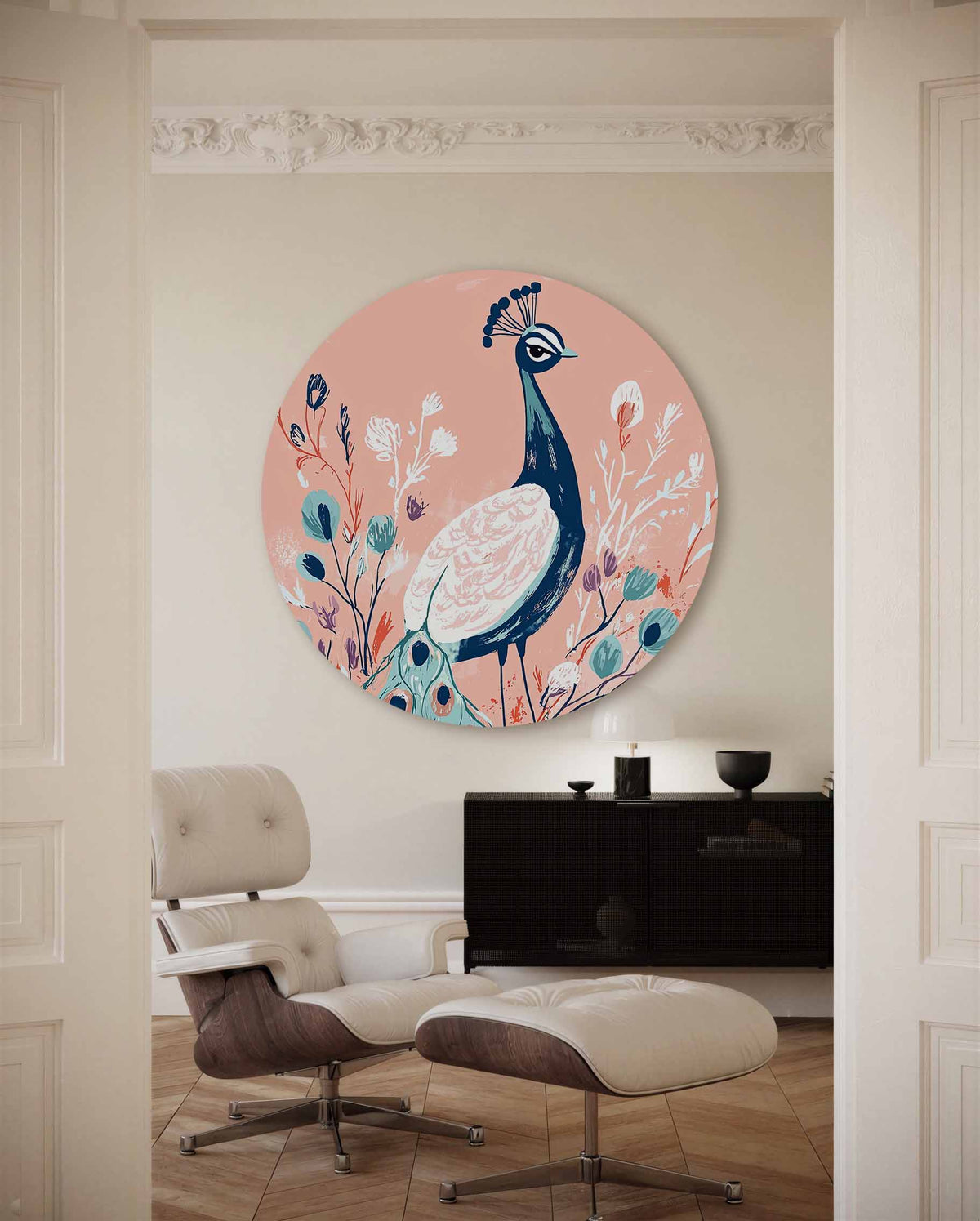 Pauw en bloemen – illustratie muurcirkel als ronde muurdecoratie