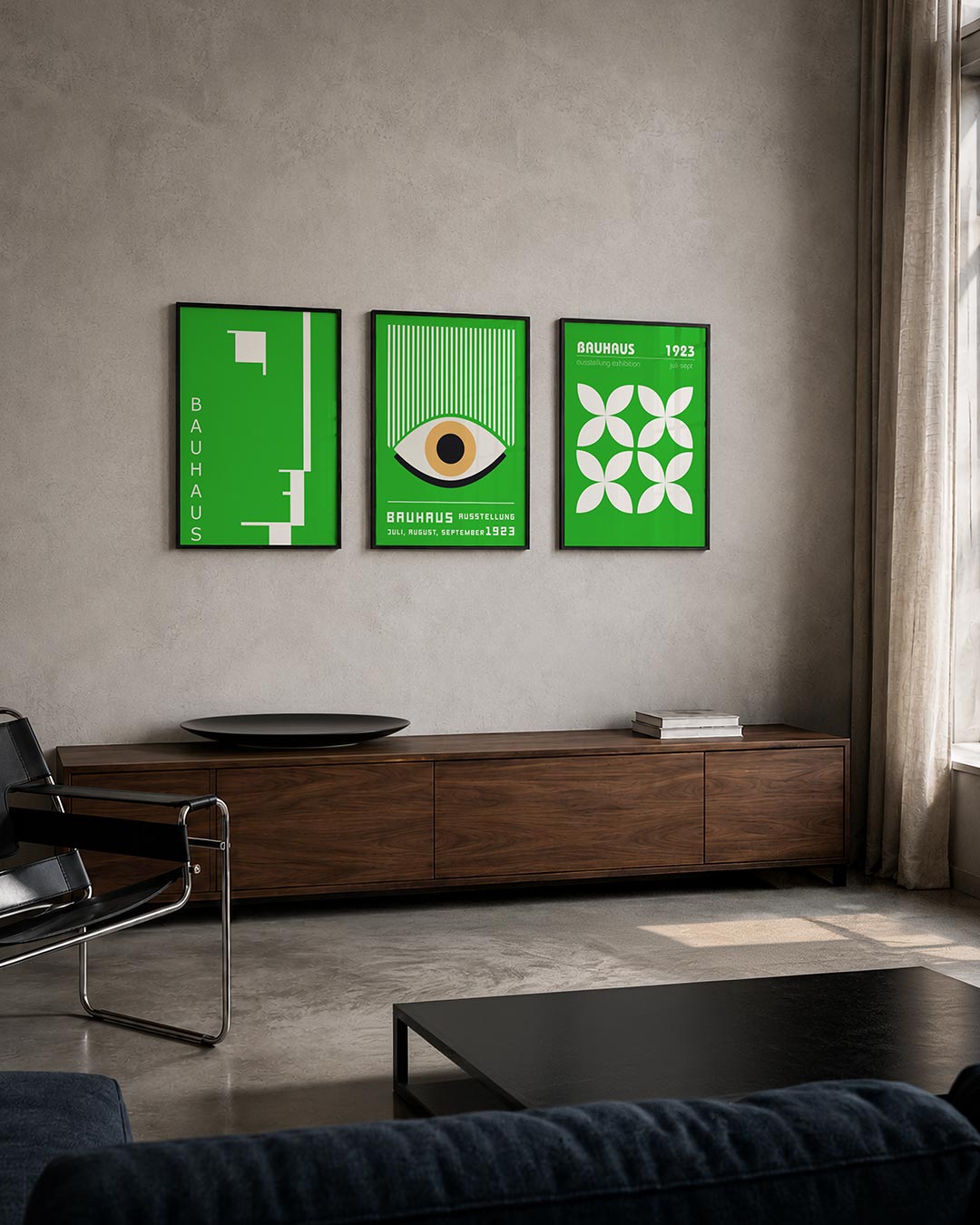 Vorm en kleur driedelige posterset – deze posterset in drie delen toont een levendig groen vlak met witte geometrische