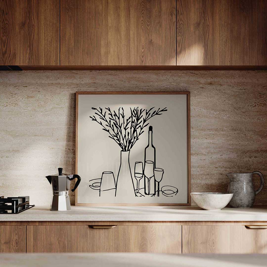 Takken en glazen – culinaire wandkunst als vierkante poster