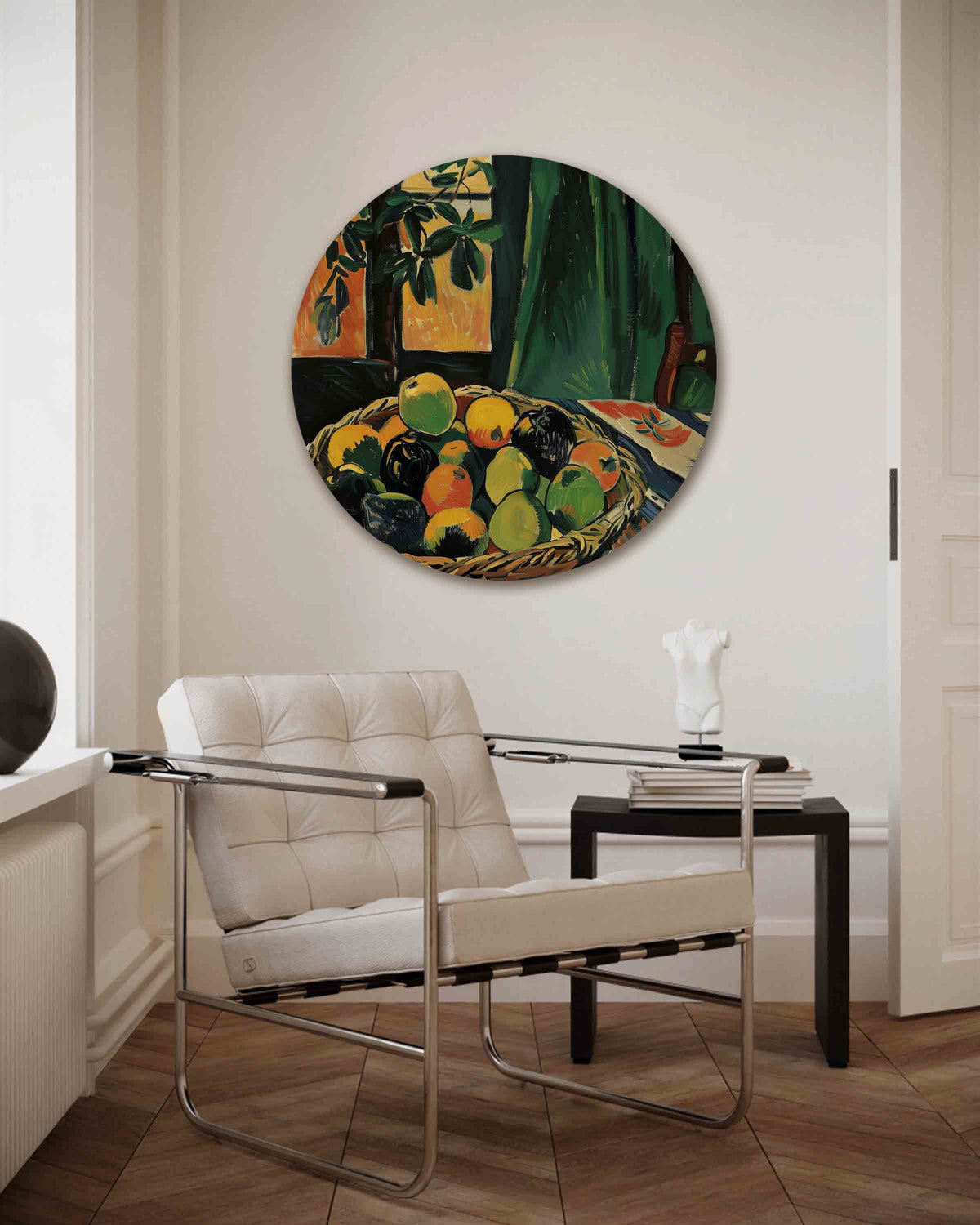 Fruitmand en bladeren – kleurrijke muurcirkel als ronde wanddecoratie