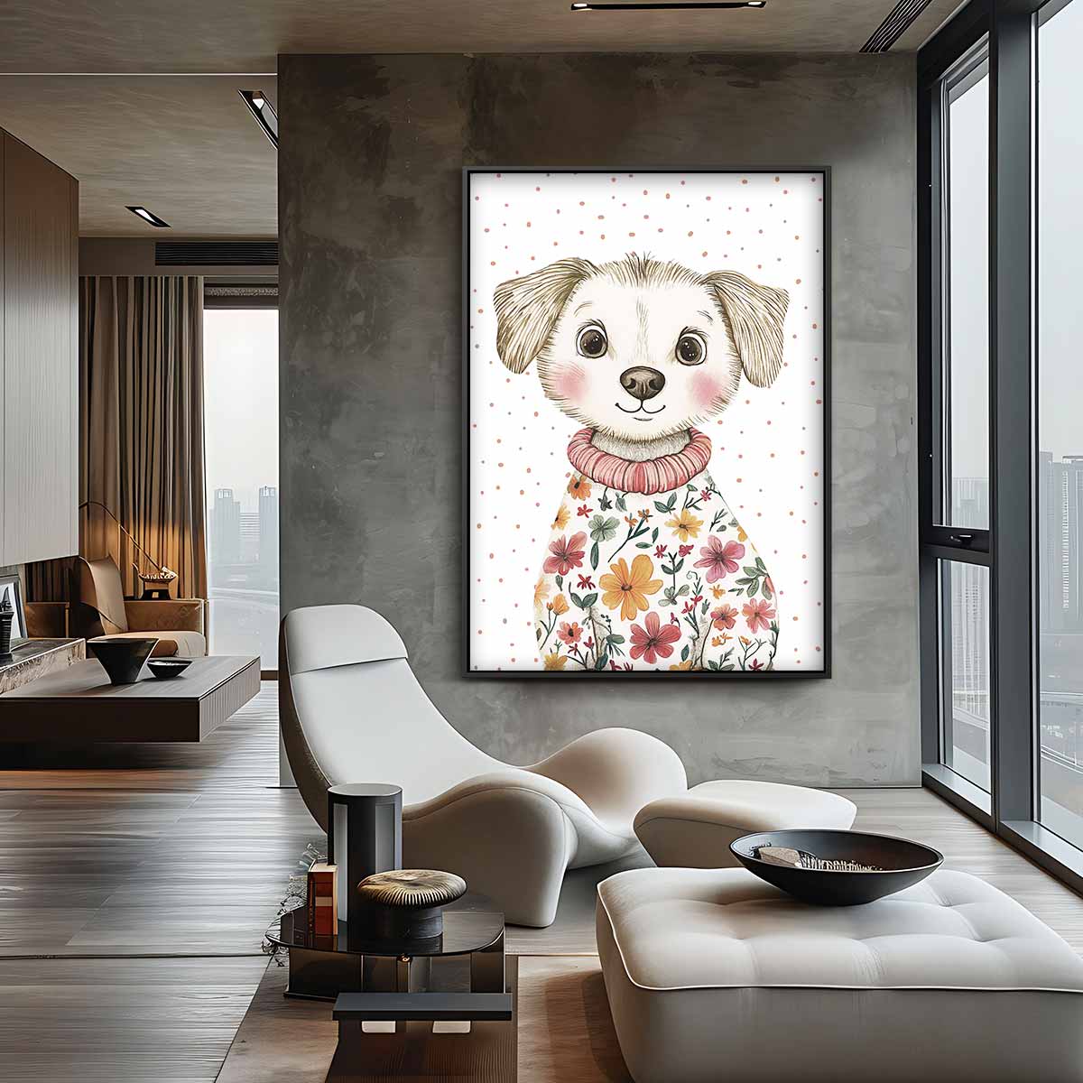 Vrolijke Pup in Bloemenjas – canvas wanddecoratie in portret formaat