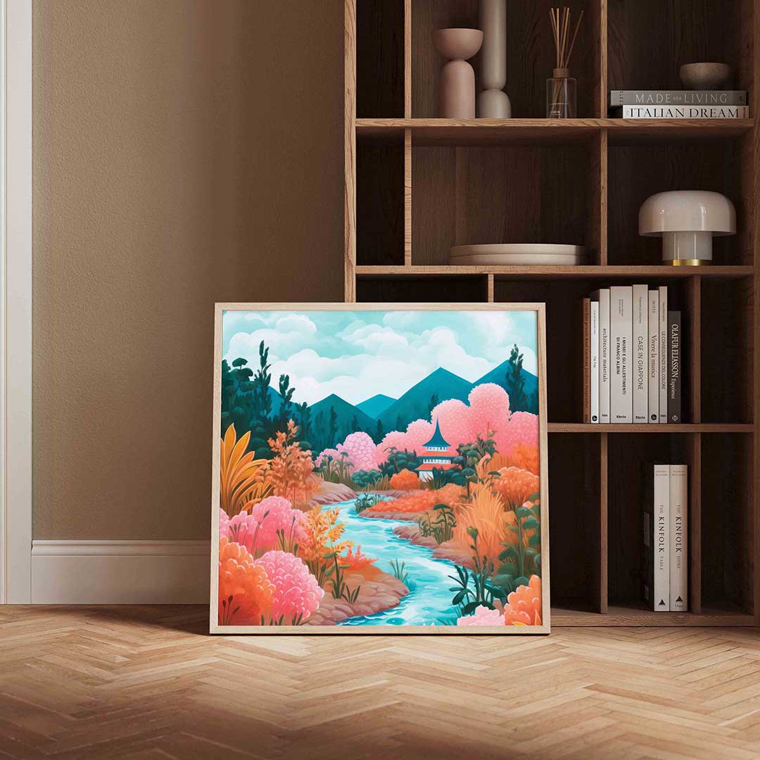 Landschap met bergen en rivier – kleurrijke vierkante wanddecoratie van WallArtistic