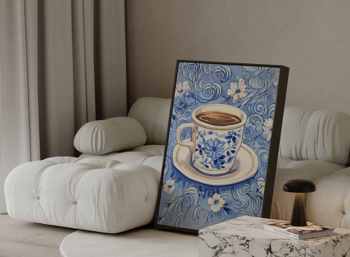 Blauwe Koffieochtend – portret kunstwerk als wanddecoratie, afbeelding 13
