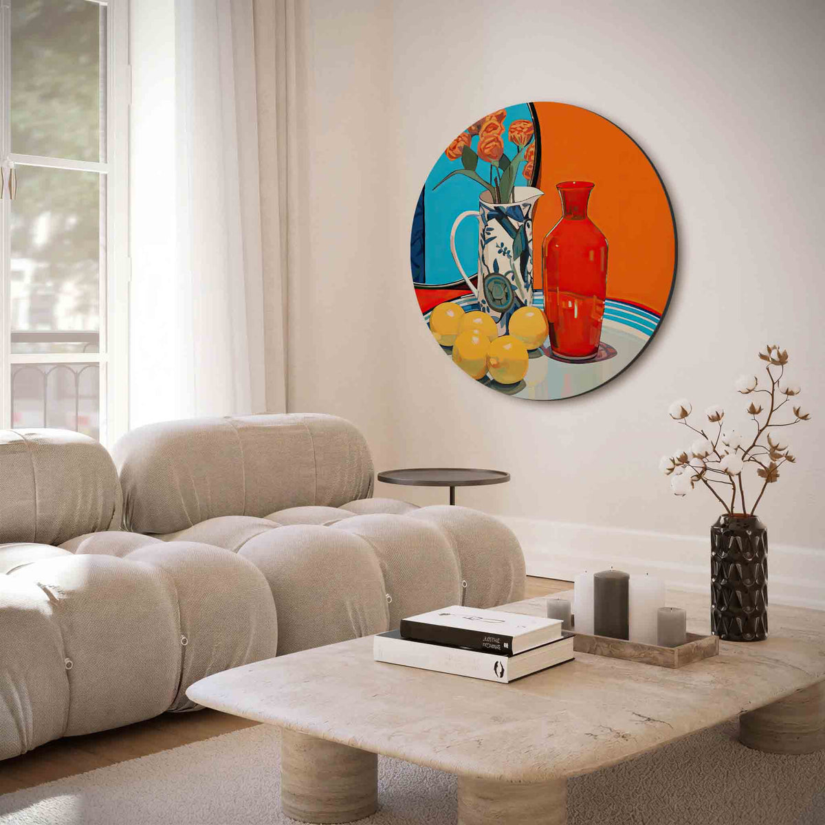 Stilleven met bloemen en fruit – muurcirkel met abstracte texturen voor aan de muur
