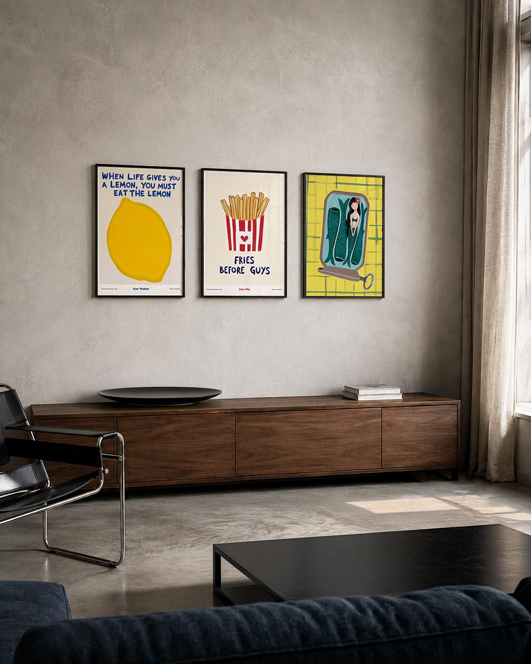 Citroengeel contrast posterset – tweede productweergave – een grote, heldergele citroen centraal op een witte