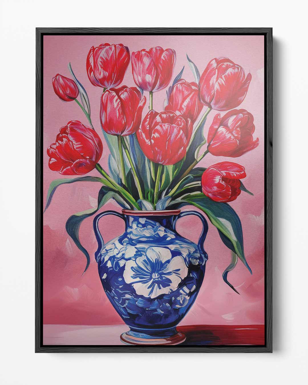 Rode tulpen in blauwe vaas – portret kunstwerk als wanddecoratie