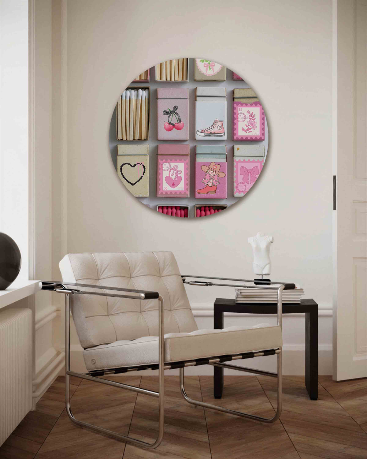 Roze luciferdoosjes – Pop Art muurcirkel als ronde wanddecoratie