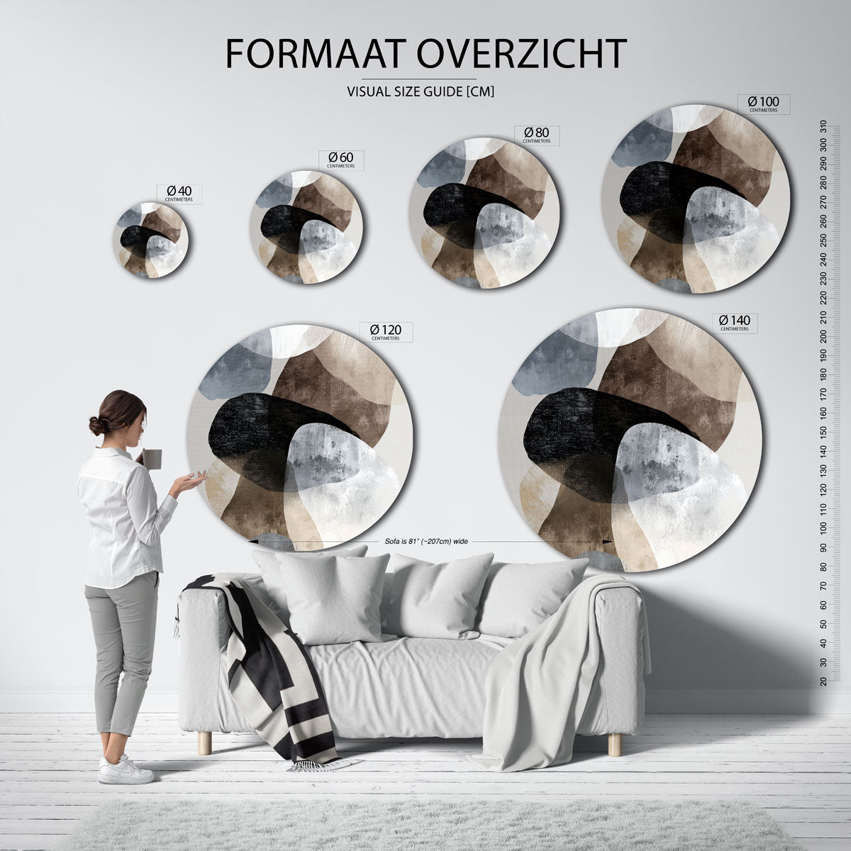 Abstracte vormen – ronde muurdecoratie met vrouwelijk portret