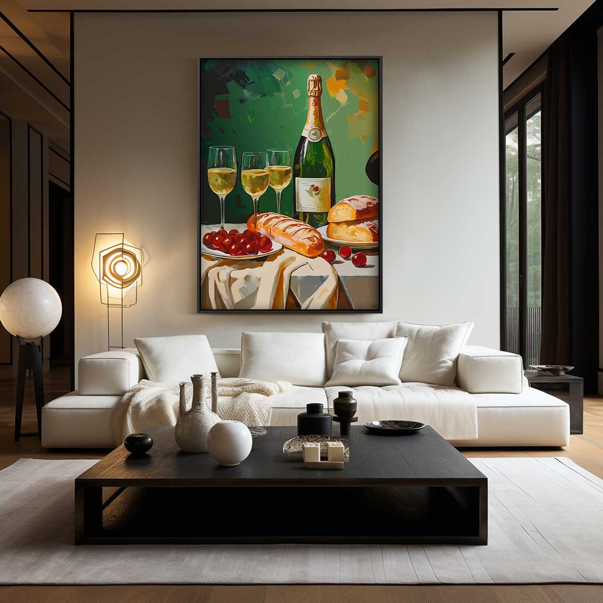 Luxe Stilleven met Champagne en Brood – kunstwerk met zwarte baklijst