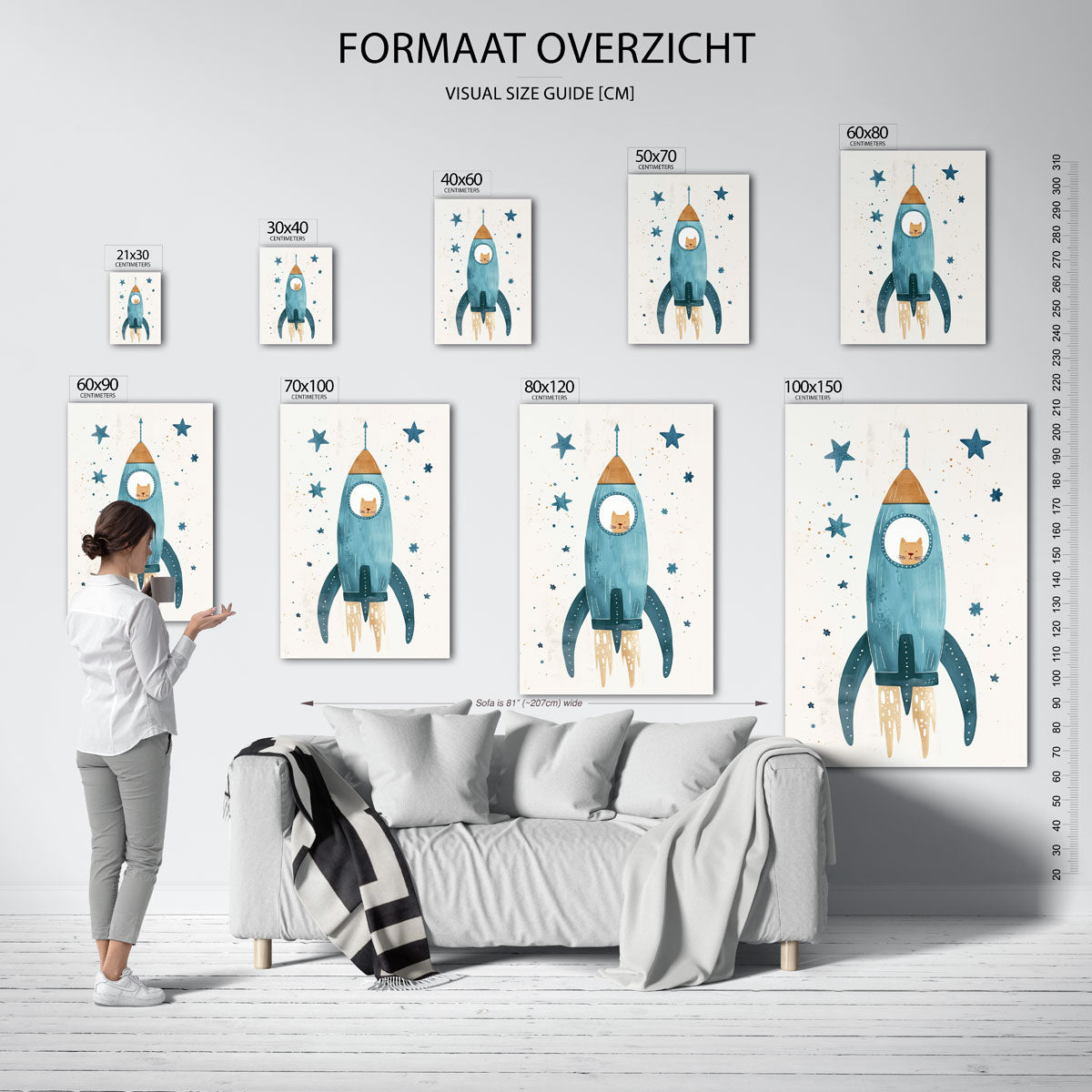 Kat in raket – staande muurposter voor de kinderkamer