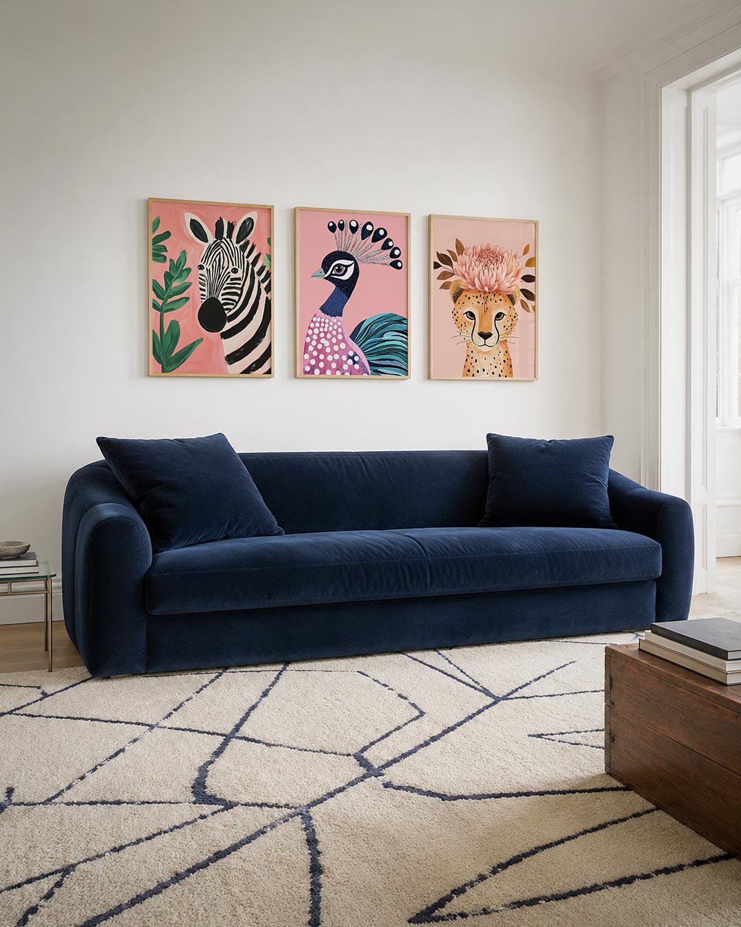 Zebra en bladeren driedelige posterset – een speelse zebra met zwarte strepen op een roze
