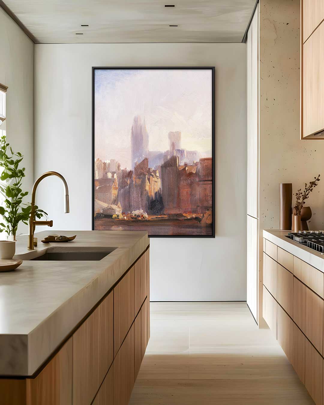 Stad in Ochtendlicht – staande wandkunst voor woonkamer of interieur