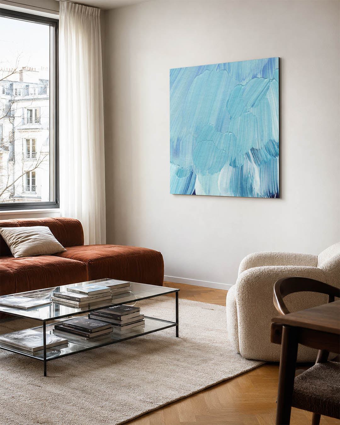 Vloeiende blauwe bewegingen kunstwerk – vierkante wanddecoratie – dit werk toont vloeiende penseelstreken in verschillende
