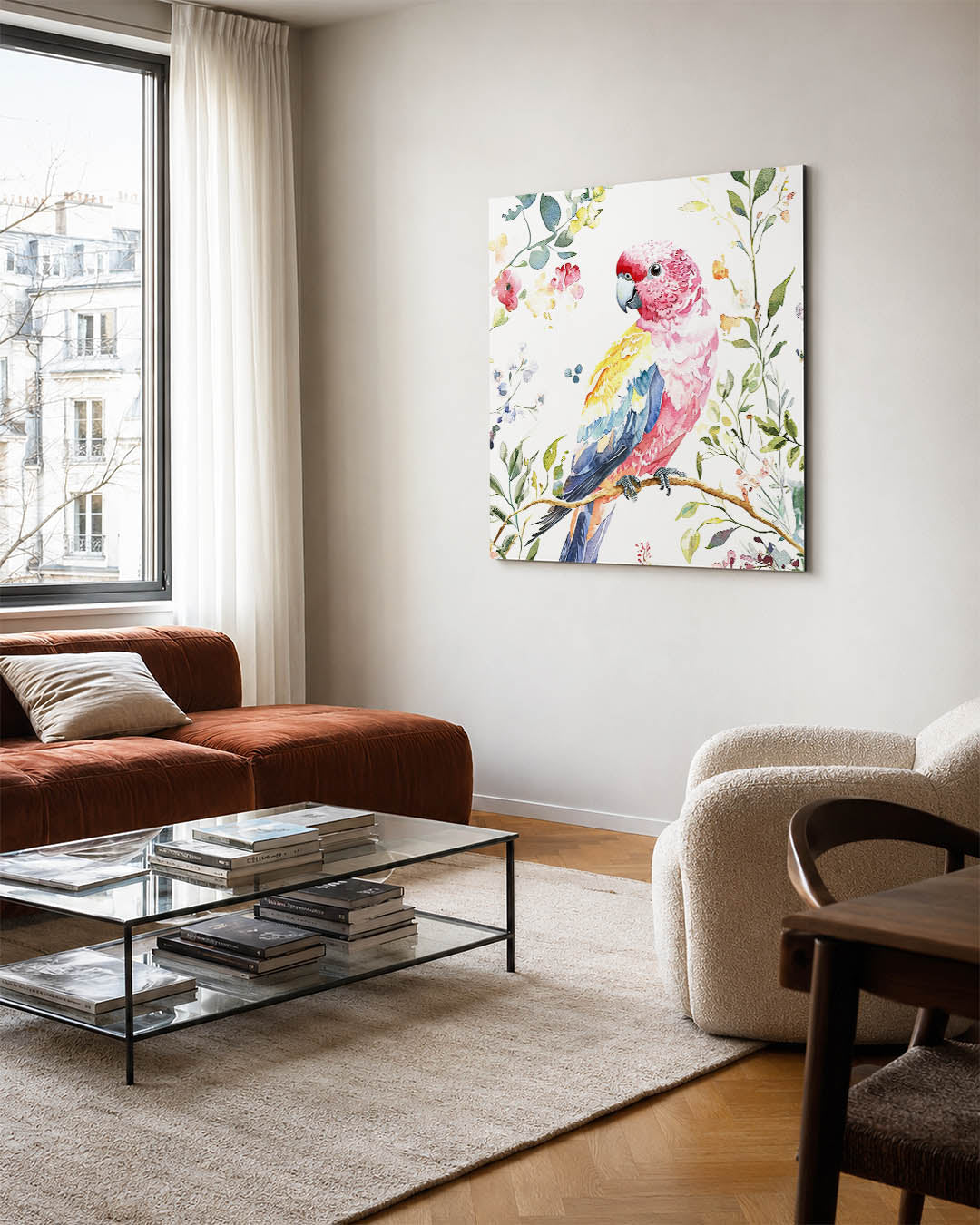 Vrolijke vogel illustratie kunstwerk – vierkante wanddecoratie – dit werk toont een kleurrijke vogel omringd door delicate