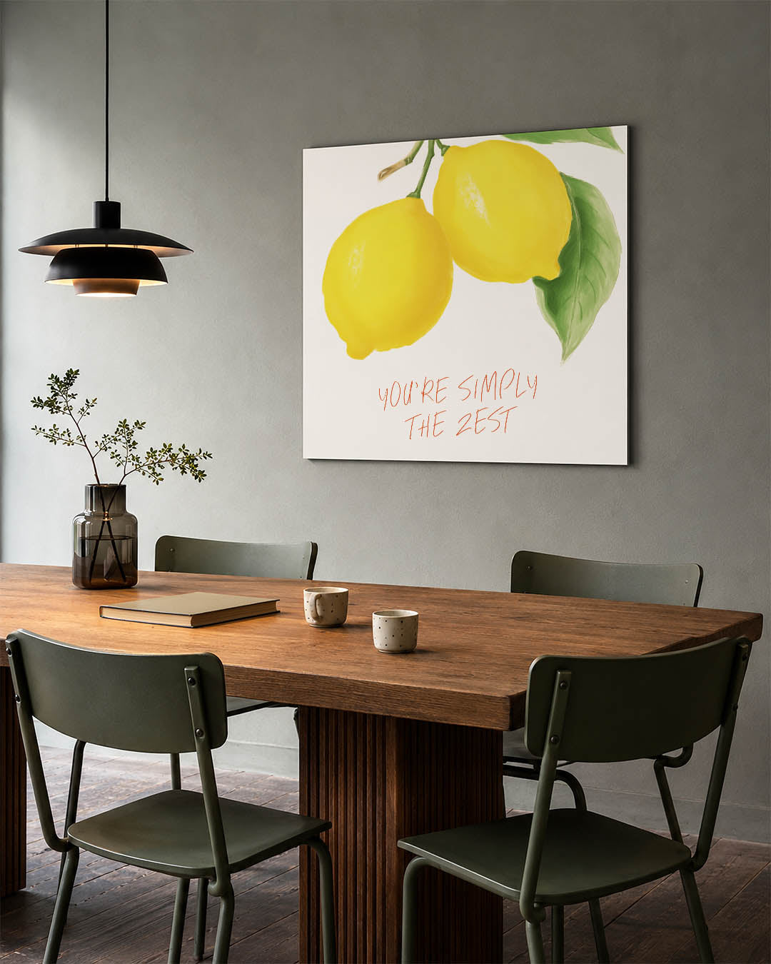 Citroenen illustratie kunstwerk – tweede productweergave – dit werk toont twee levendige gele citroenen met groene bladeren