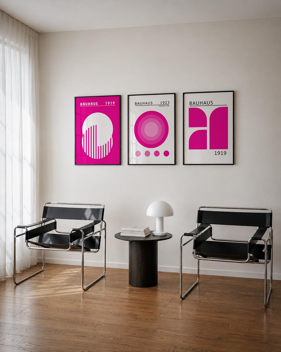 Cirkel en strepen posterset – tweede productweergave – een levendige compositie met een grote witte cirkel en