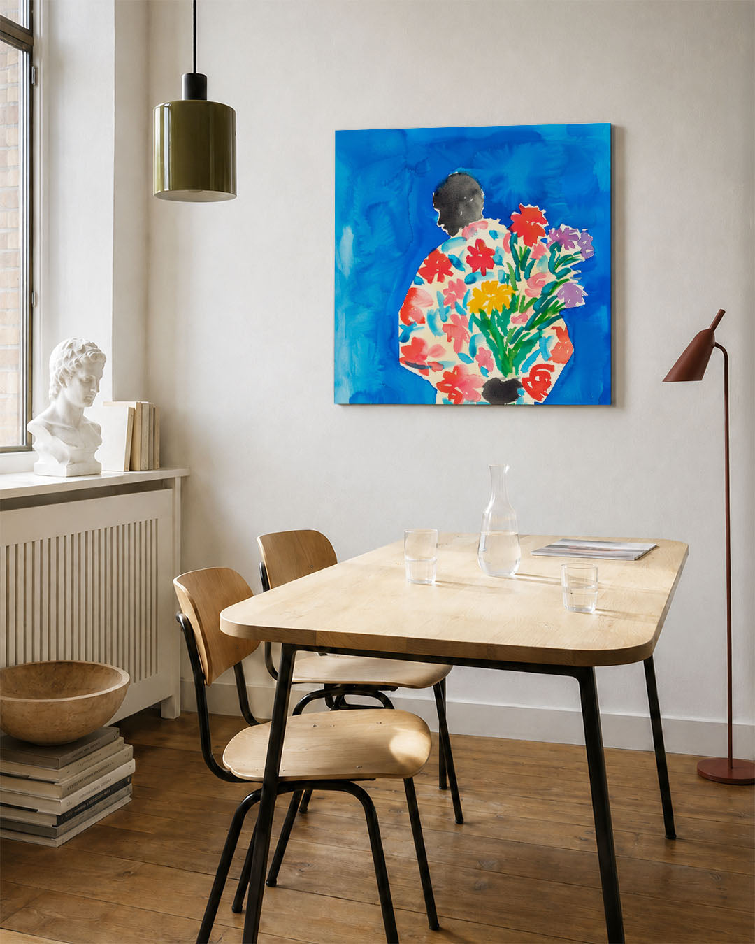 Kleurrijke bloemfiguur kunstwerk – vierkante wanddecoratie – dit werk toont een silhouet gevuld met levendige bloemen tegen