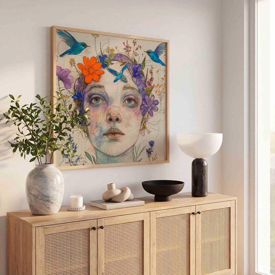Vrouw met bloemen en vogels – kunst en design poster in vierkant formaat