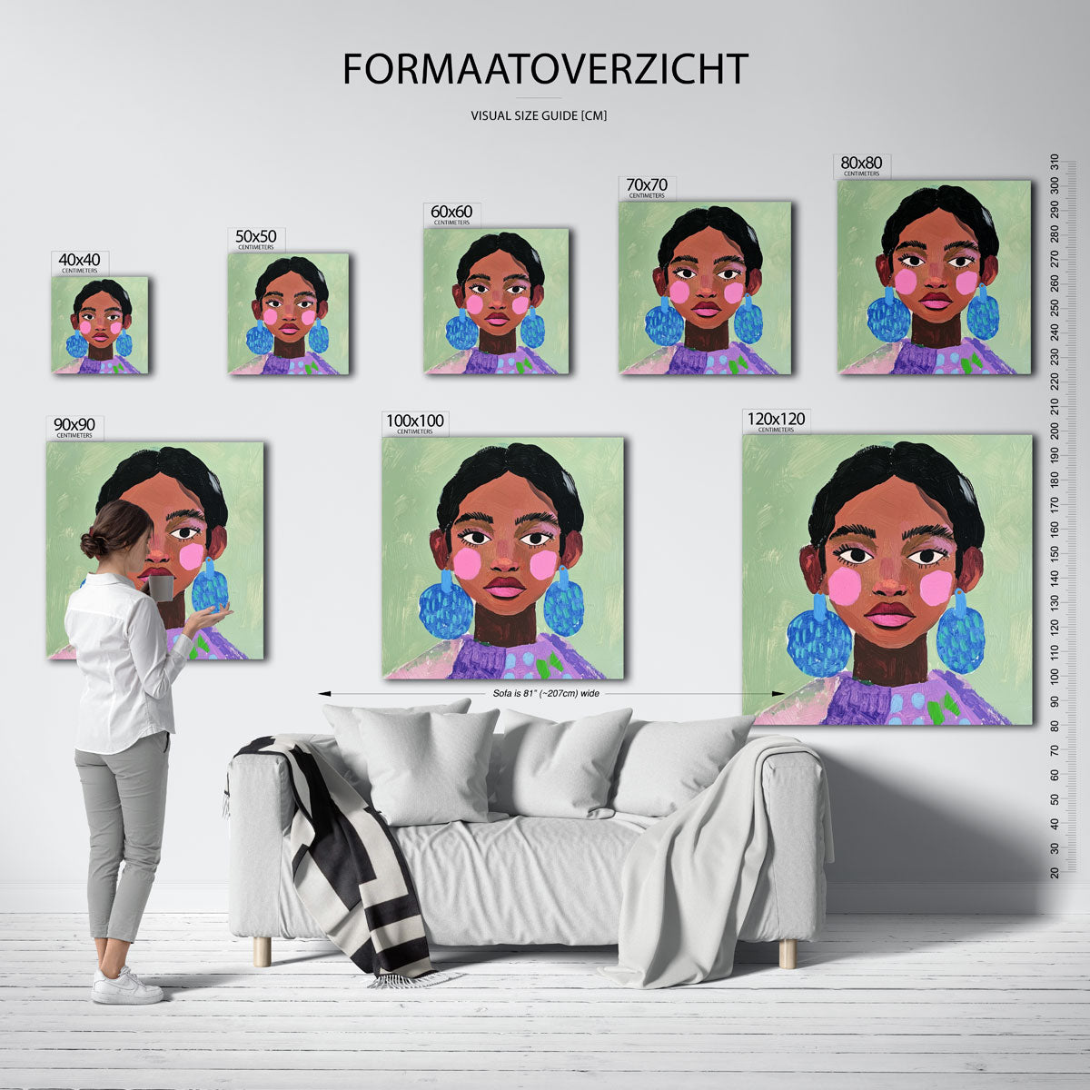 Portret met blauwe oorbellen – vierkante muurposter voor een modern interieur