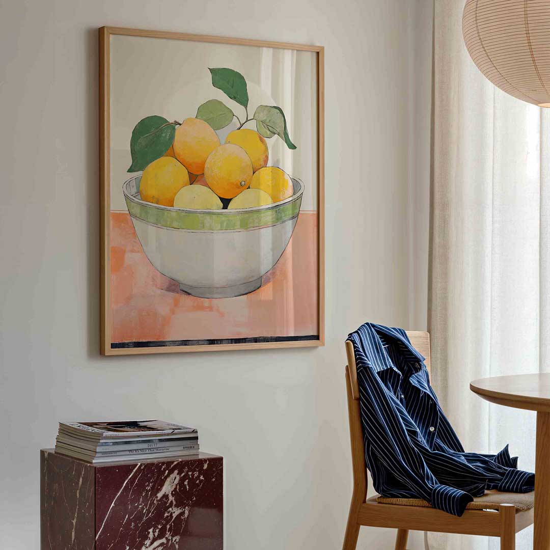Citrusvruchten in schaal – kleurrijke illustratie poster in staand formaat