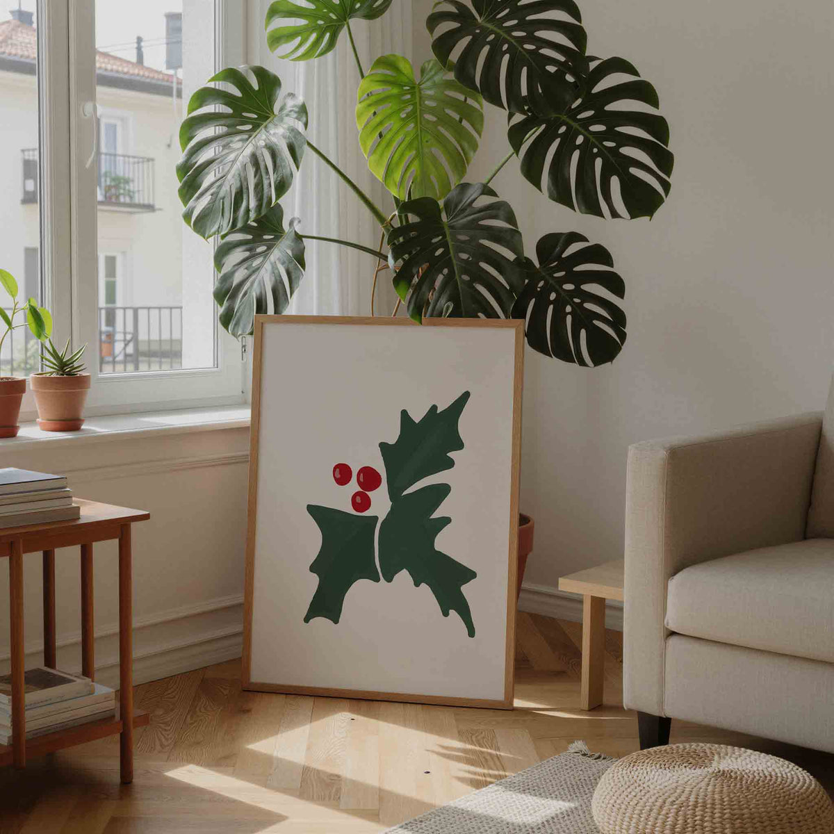 Hulstbladeren en bessen – feestelijke wandkunst als portret poster