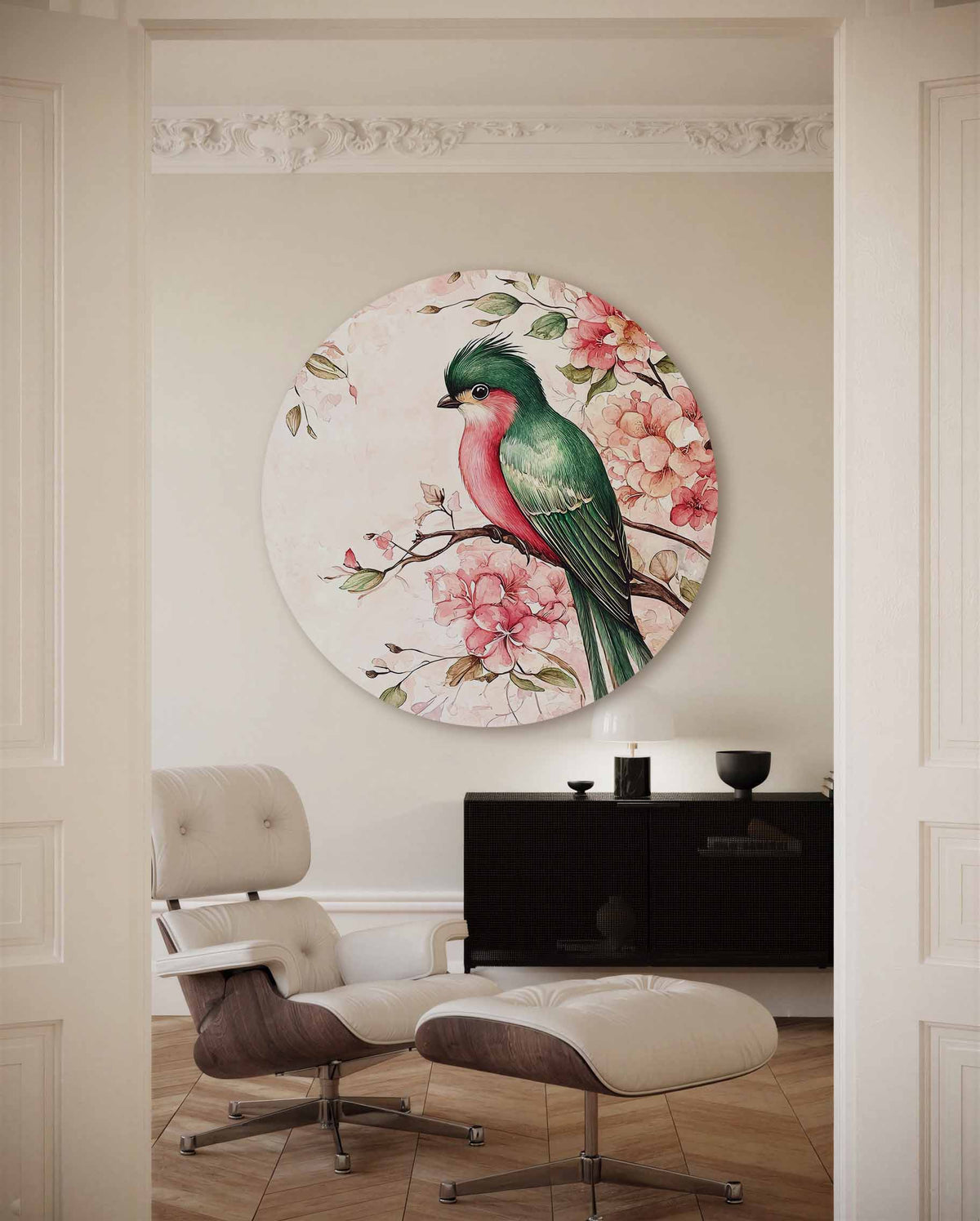 Vogel en bloemen – illustratie muurcirkel als ronde muurdecoratie