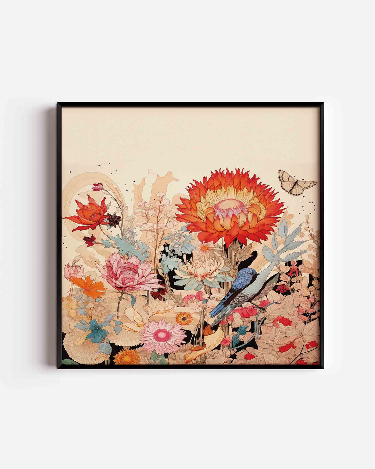 Bloemen en vogel – bloemen vierkante poster als wanddecoratie