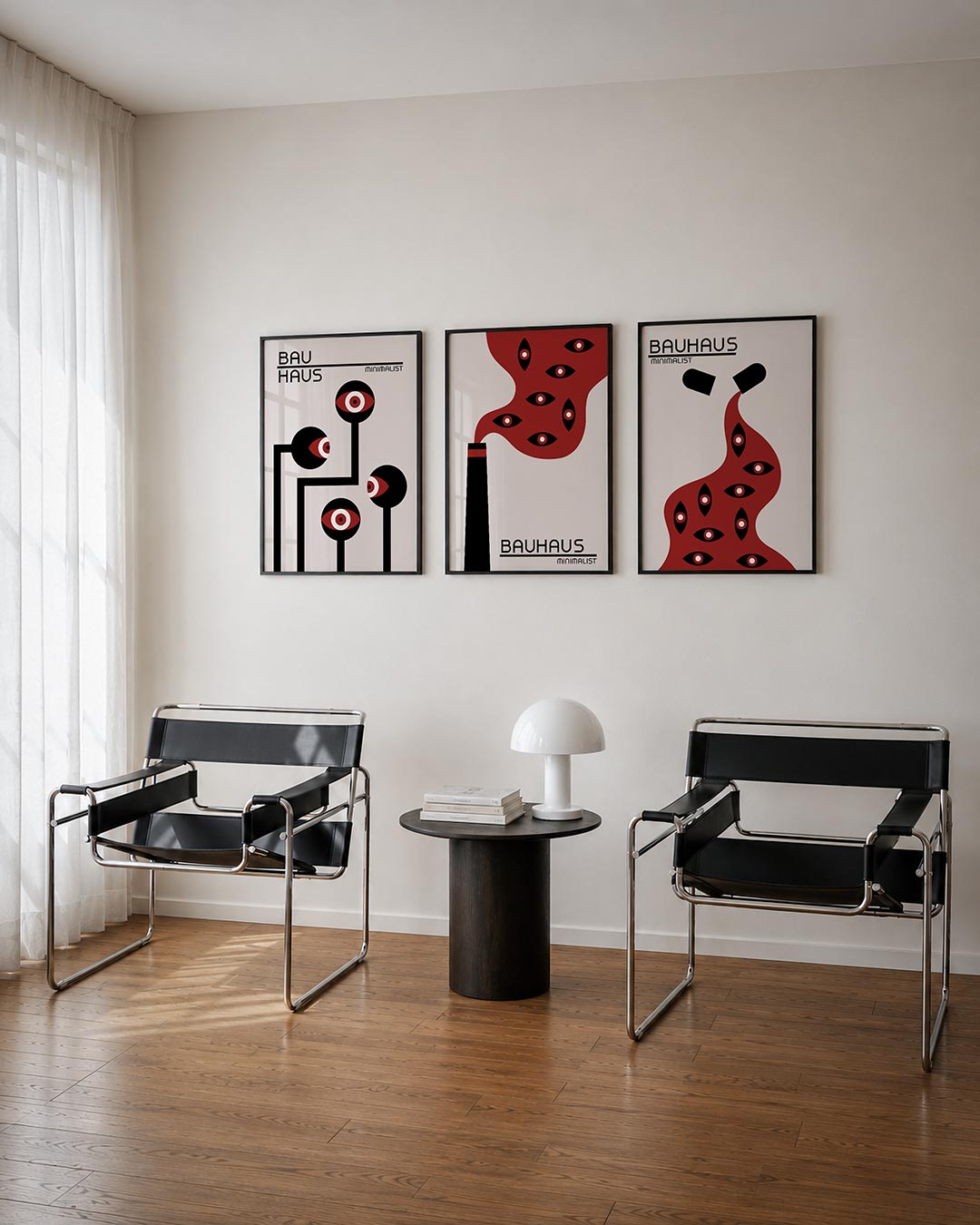 Abstract driedelige posterset – een abstracte posterset met donkere tinten en een rustige visuele opbouw.