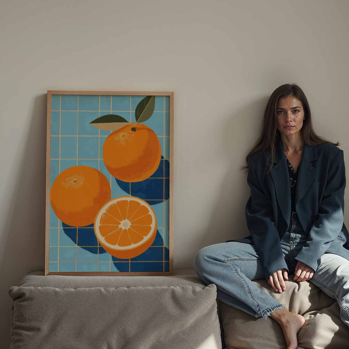 Zonnige Sinaasappels op Blauwe Tegels – staande keuken wanddecoratie van WallArtistic