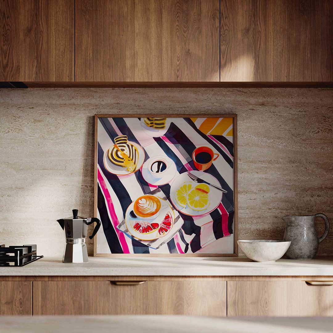 Ontbijt met koffie en fruit – culinaire wandkunst als vierkante poster