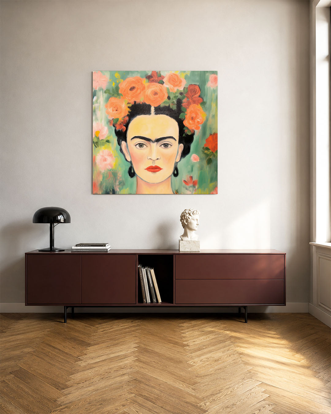Bloemrijke portret kunstwerk – tweede productweergave – dit kunstwerk toont een centraal geplaatst gezicht omringd door
