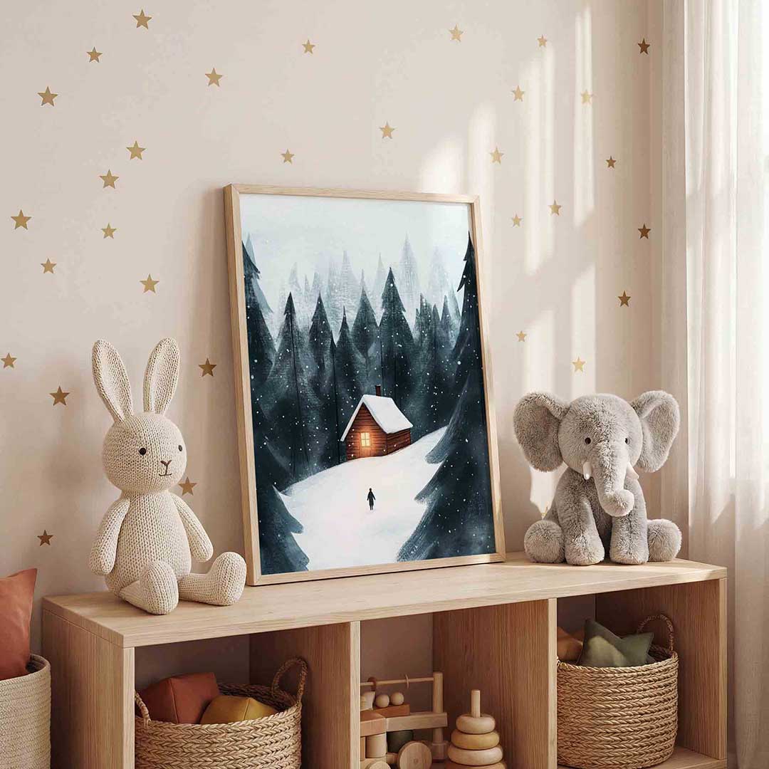 Sneeuwlandschap met huis – staande kinderkamer wanddecoratie van WallArtistic