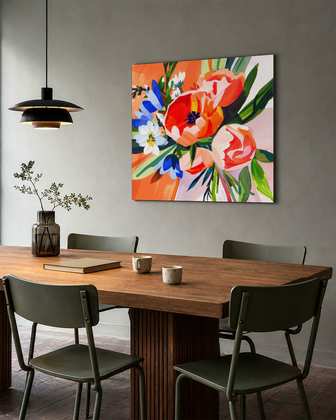 Vrolijke bloemenexplosie kunstwerk – tweede productweergave – dit werk toont een levendige compositie van bloemen in felle