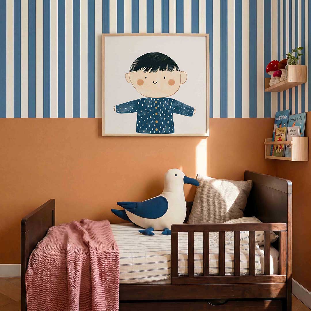 Kind met blauwe trui – kids poster in vierkant formaat