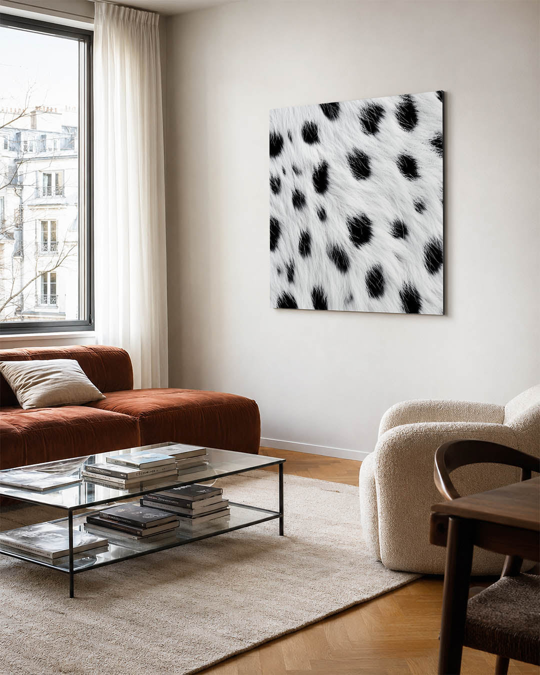 Vlekkenpatroon kunstwerk – vierkante wanddecoratie – dit werk toont een dynamisch patroon van zwarte vlekken op een witte