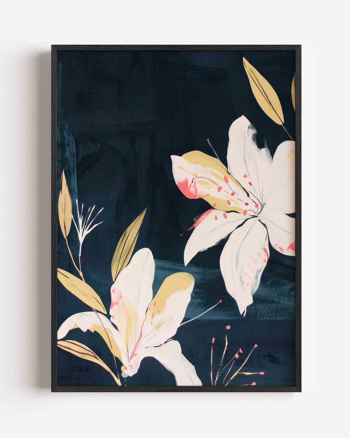 Witte bloemen op donkere achtergrond – kleurrijke illustratie portret poster als wanddecoratie